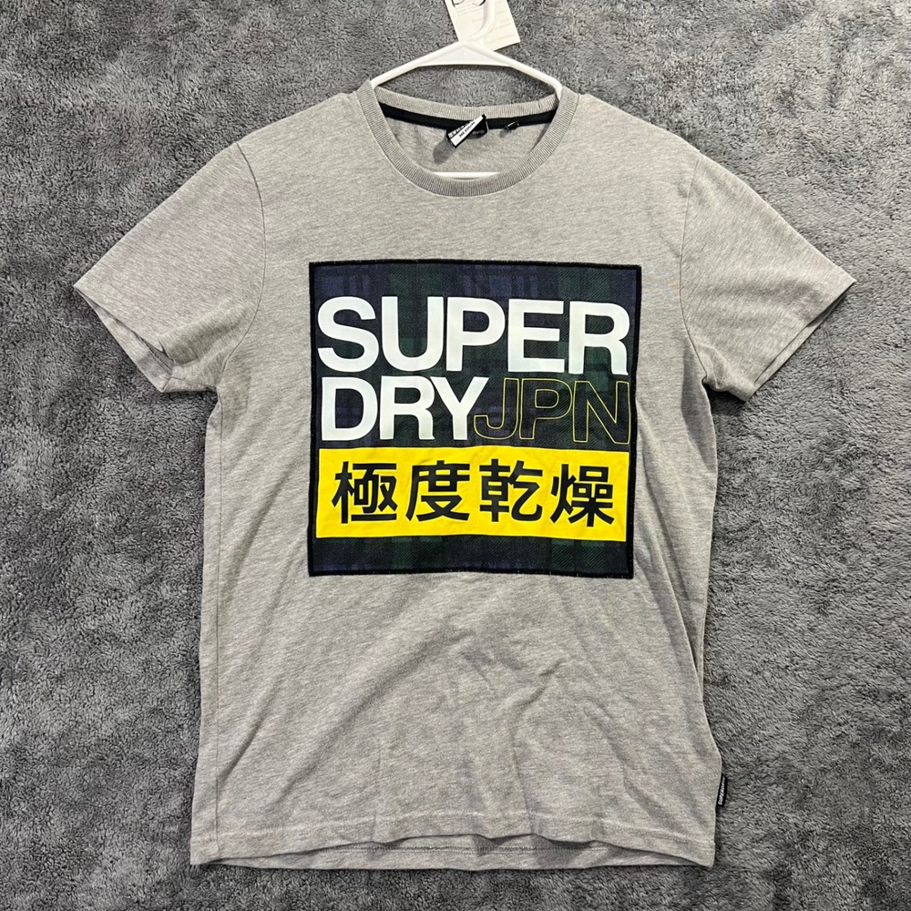 Superdry JPN Graphic T-Shirt Mens Medium Grey Plaid Logo M1000074A